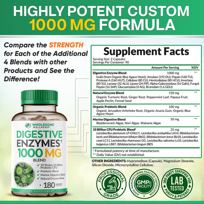 Wholesome Wellness Digestive Enzymes 1000MG Plus Prebiotics & Probiotics Supplement, 180 Capsules, Organic Plant-Based Vegan Formula for Digestion