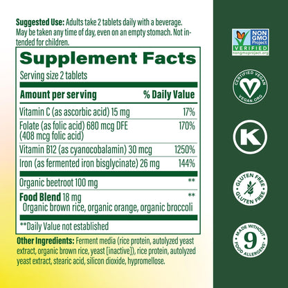 MegaFood Blood Builder Iron Supplement for Women & Men - Increase Iron Levels Without Side Effects - Combats Fatigue - Vitamin B12, Folic Acid & Vitamin C