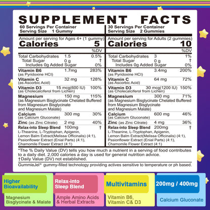 Neviss Magnesium Glycinate + Calcium Filled Gummies for Adults and Kids 4+, Kids Sleep Gummies Melatonin Free, Sugar Free Magnesium Supplement with B6 D3, L-Theanine for Zzz & Relax, Brain,Bone,Muscle NEVISSBuy Supplements Australia
