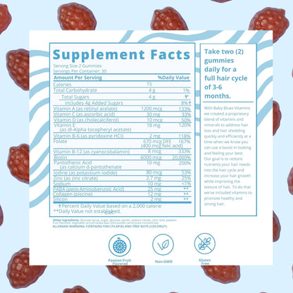 Baby Blues Postpartum Hair Loss Vitamins - Passion Fruit Gummies with Biotin, Collagen, & Folate