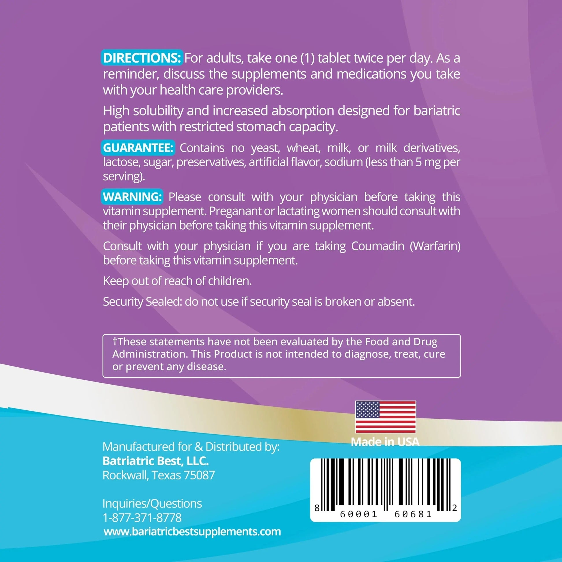 High A D E K Bariatric Multivitamin for Post DS/SADI Surgery, 25 Essential Nutrients for Post-Weight Loss Surgery, 60 Tablets Bariatric Best Supplements