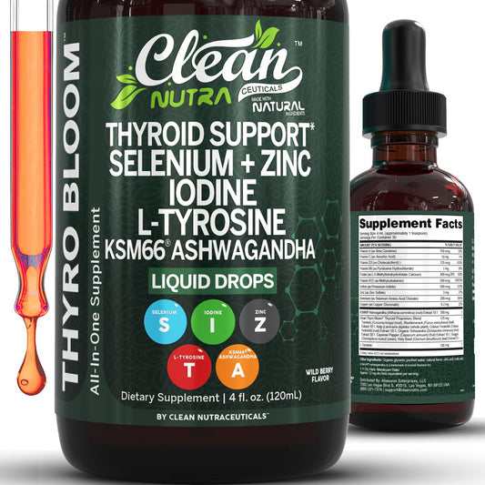 Clean Nutra Thyroid Support Drops Selenium Zinc Iodine L Tyrosine KSM66 Ashwagandha Vitamin D3 B12 A C Turmeric Kelp Schisandra Guggul Cayenne Basil Liquid Supplement Folate Copper Thyro Bloom Drop Clean NutraceuticalsBuy Supplements Australia