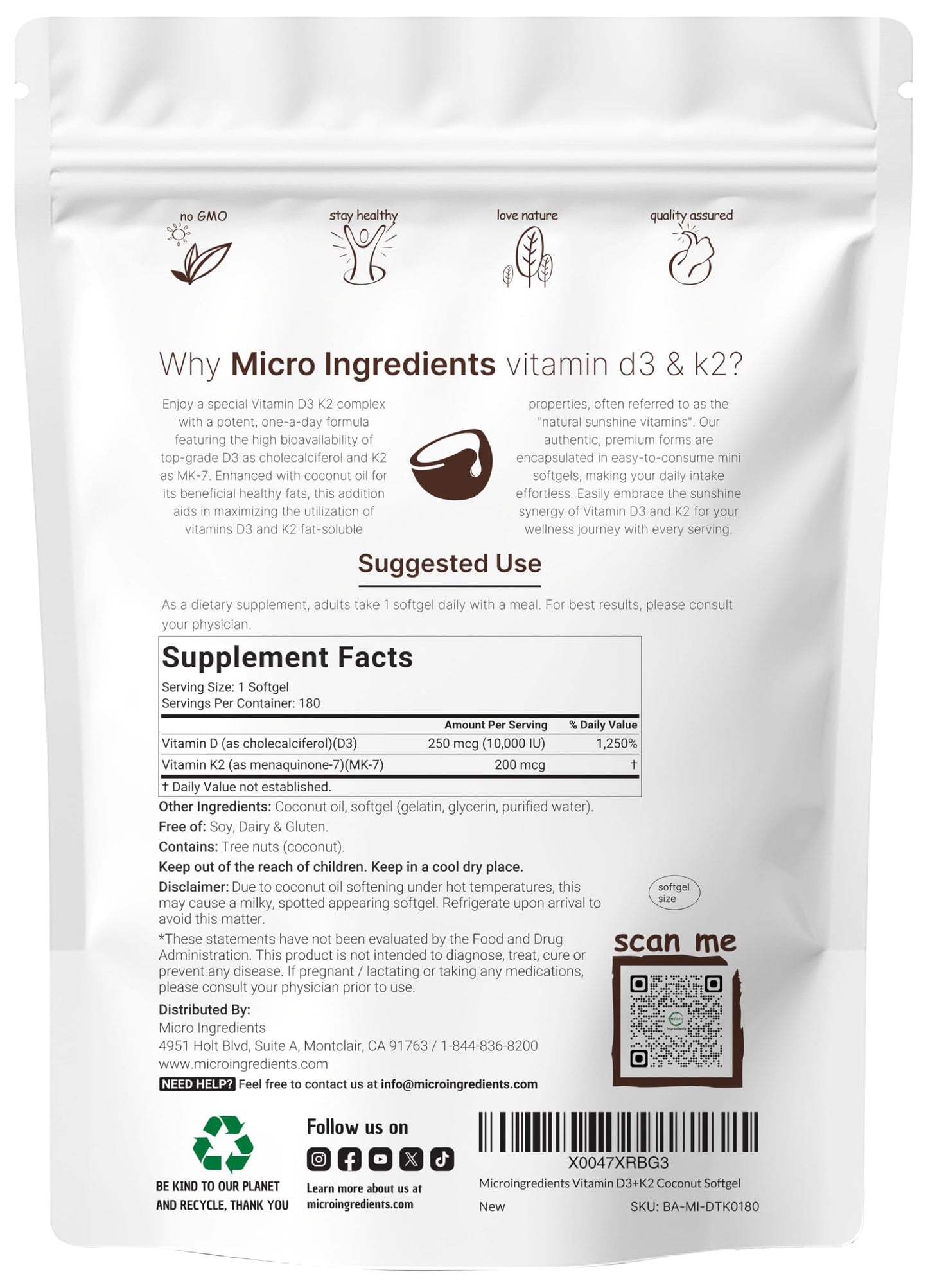 Micro Ingredients Vitamin D3 10,000 IU + K2 MK-7 200 mcg, 180 Softgels with Virgin Coconut Oil | 2-in-1 Vitamins D & K Complex