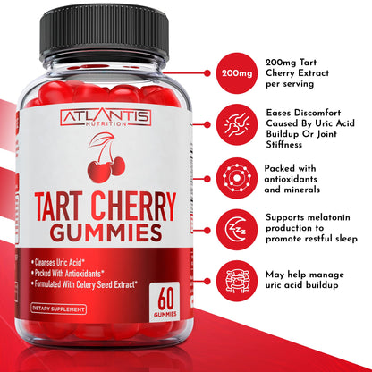 Atlantis Nutrition Tart Cherry Gummies with Celery Seed Extract - Advanced Uric Acid Cleanse for Immediate Relief | Joint Relief & Recovery
