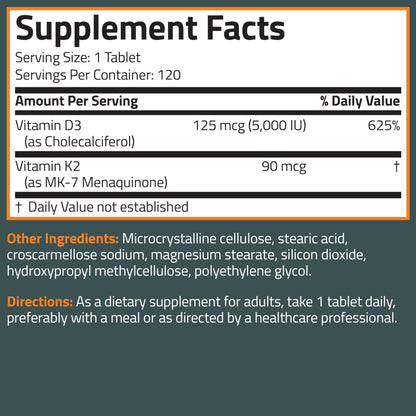 Bronson Vitamin K2 D3 (MK7) Supplement Non-GMO Formula Vitamin D3 5000IU (125 mcg) & 90 mcg K2 MK-7, Easy to Swallow D