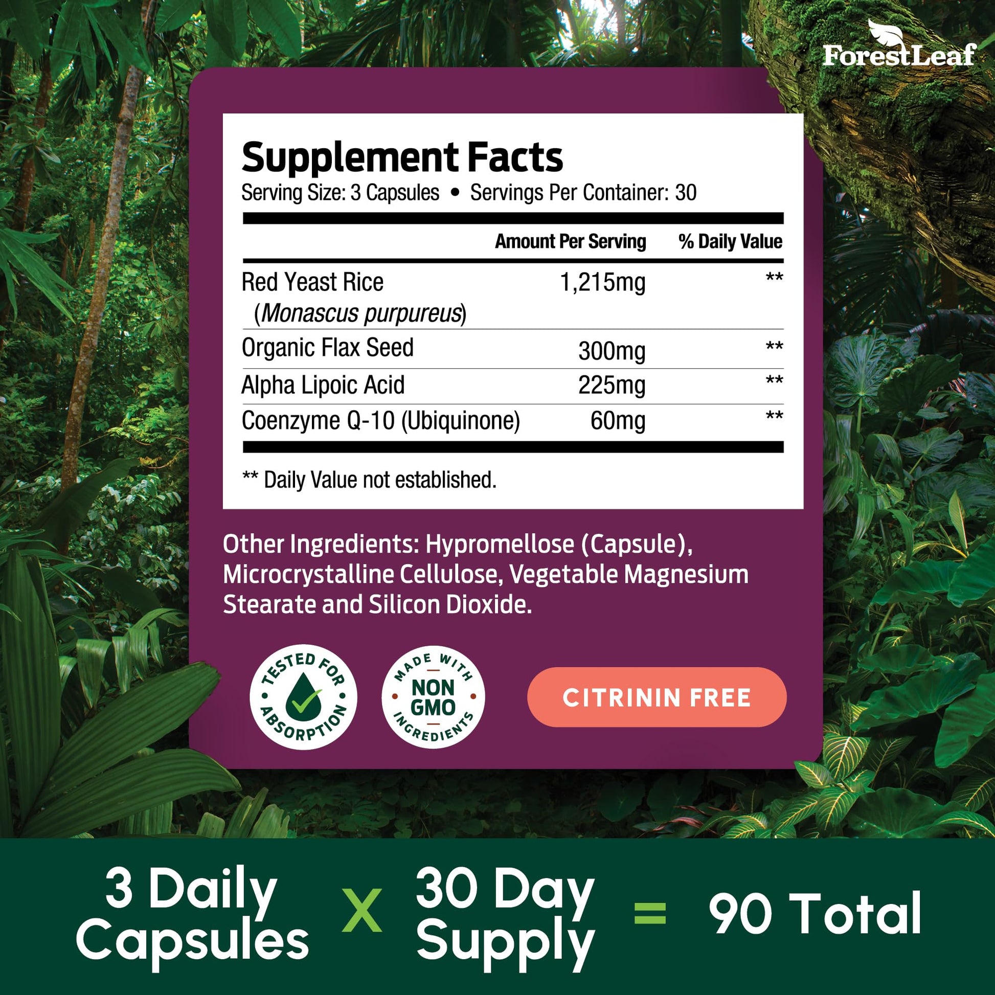 Red Yeast Rice 1215 mg. Capsules - Extra Strength Red Rice Yeast with CoQ10 Supplement, Plus Alpha Lipoic Acid & Organic Flaxseed, Citrinin Free, Supports Cardiovascular Health, Non-GMO 90 Veggie Caps ForestLeaf buy supplements Au