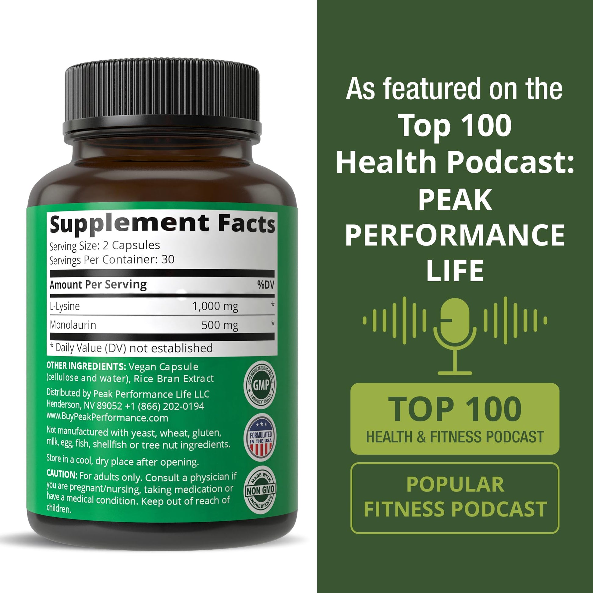 Peak Performance L Lysine 1000mg + Monolaurin 500mg Supplement for Immune Support - High Potency L-Lysine for Lips, Skin, & Health - 2-in-1 Bioavailable Supplements for Men and Women - 60 Capsules Peak PerformanceBuy Supplements Australia