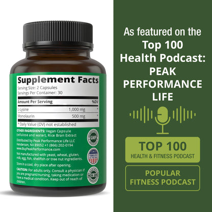 Peak Performance L Lysine 1000mg + Monolaurin 500mg Supplement for Immune Support - High Potency L-Lysine for Lips, Skin, & Health - 2-in-1 Bioavailable Supplements for Men and Women - 60 Capsules Peak PerformanceBuy Supplements Australia