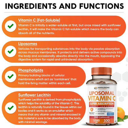 Wholesome Wellness Liposomal Vitamin C Capsules (200 Pills 1500mg Buffered) High Absorption, Immune System & Collagen Booster, High Dose Fat Soluble Immunity