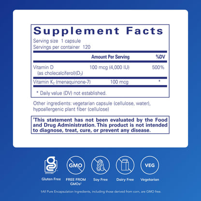 Pure Encapsulations Vitamin D3 & K2 - Bone & Vascular Health Support - Immune Function Support - Gluten Free - Non-GMO - 120 Capsules