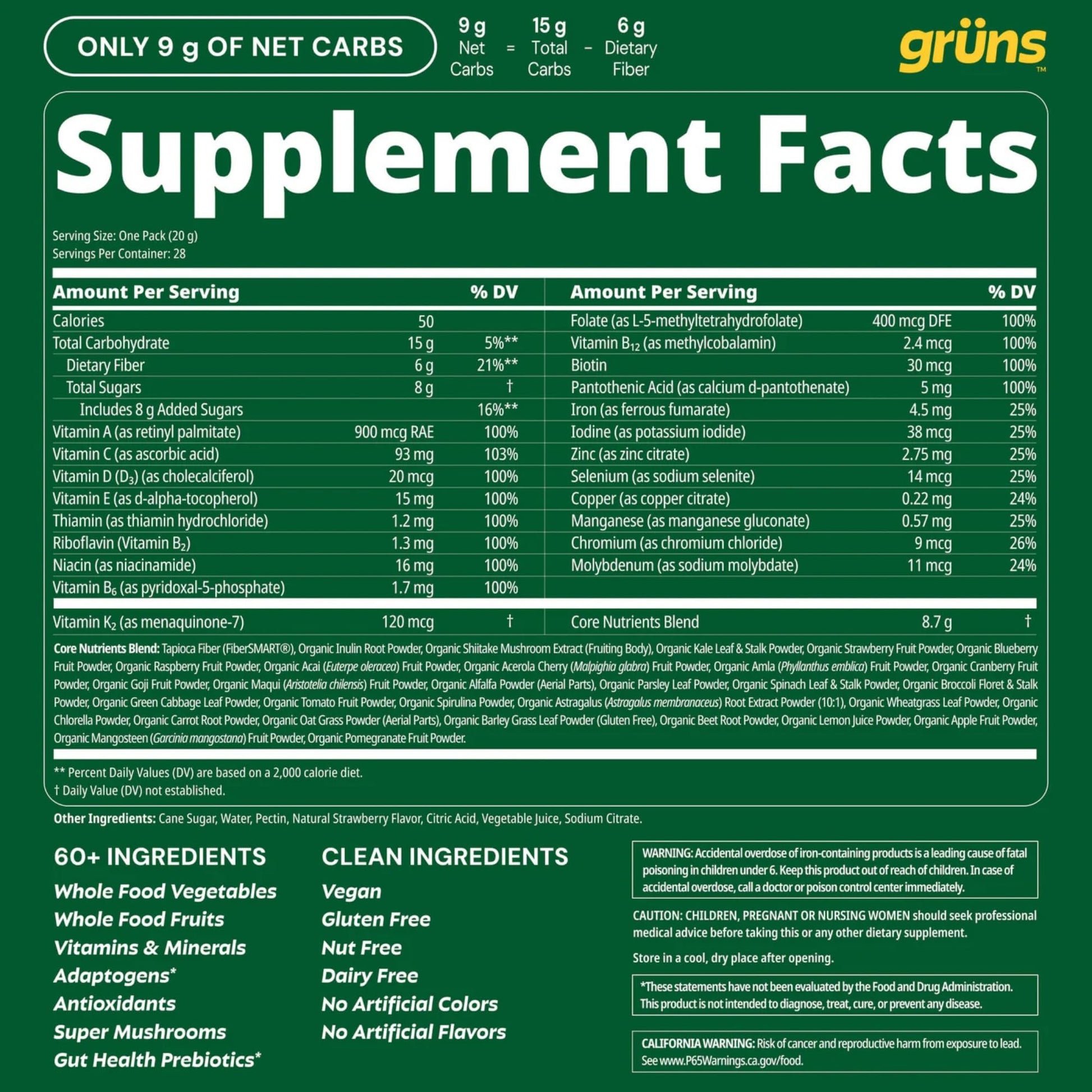 Gruns Adult Super Greens Multivitamin Gummies, Superfood Gummy Vitamins for Women and Men with Spirulina, Chlorella, Adaptogens & Prebiotic Fiber for Digestive Health (28 Count) GrünsBuy Supplements Australia