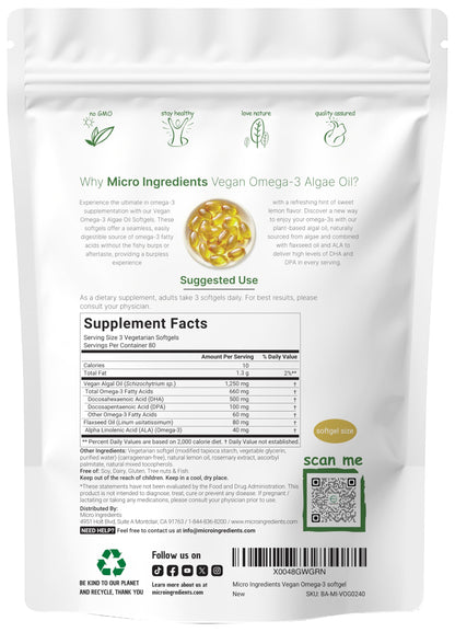 Micro Ingredients Vegan Omega 3 Algae Oil, 240 Veggie Softgels | Fish Oil Alternative | DHA 500mg & DPA 100mg | Carrageenan Free | Plant-Based Omega 3