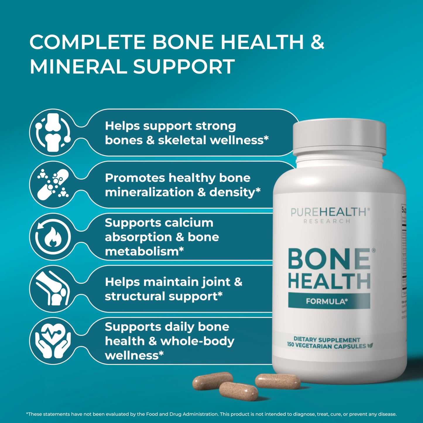 PUREHEALTH RESEARCH Bone Health Formula - for Bones, Joint & Skeletal Wellness - with Calcium, Magnesium, Zinc, Copper, Manganese, Potassium, Vitamin K2, D3, C & More for Women & Men - 150 Capsules PUREHEALTH RESEARCHBuy Supplements Australia