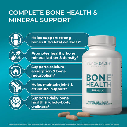 PUREHEALTH RESEARCH Bone Health Formula - for Bones, Joint & Skeletal Wellness - with Calcium, Magnesium, Zinc, Copper, Manganese, Potassium, Vitamin K2, D3, C & More for Women & Men - 150 Capsules PUREHEALTH RESEARCHBuy Supplements Australia