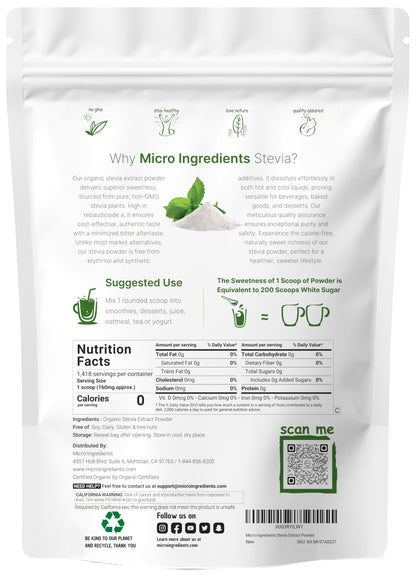 Micro Ingredients Pure Organic Stevia Powder, 8 Ounces, 1418 Serving, Highest Grade Stevia Green Leaf Extract Reb-A, Reduced Bitter Aftertaste, 0 Calorie, Natural Sweetener