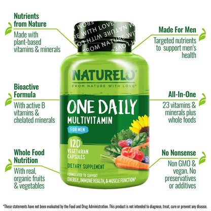 NATURELO Mens Multivitamins - One Daily Multivitamin for Men with Vitamins, Minerals & Organic Whole Foods, Boost Energy & Health