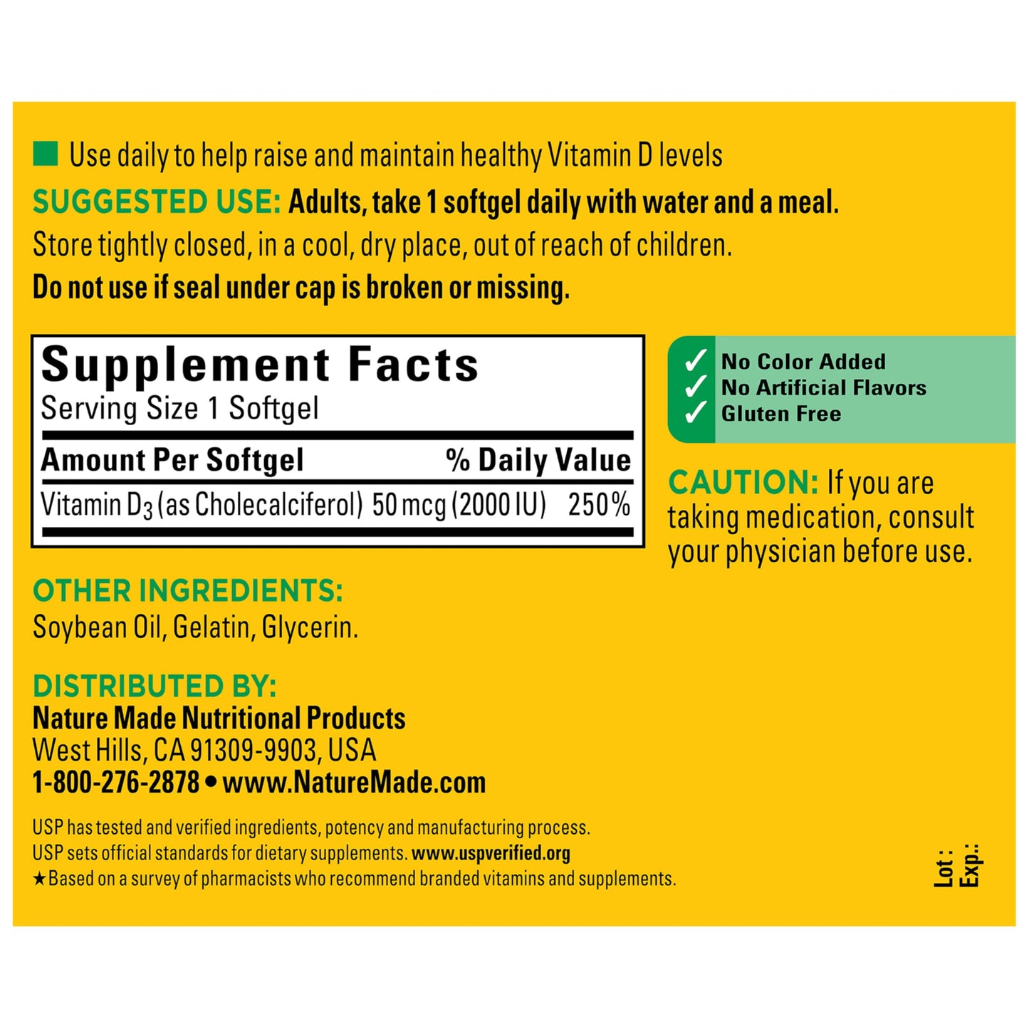 Nature Made Vitamin D3 2000 IU (50 mcg), Vitamin D Supplement for Bone, Teeth, Muscle and Immune Health Support, 250 Softgels, 250 Day Supply
