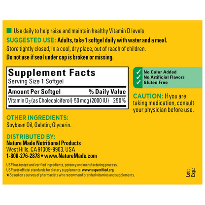 Nature Made Vitamin D3 2000 IU (50 mcg), Vitamin D Supplement for Bone, Teeth, Muscle and Immune Health Support, 250 Softgels, 250 Day Supply