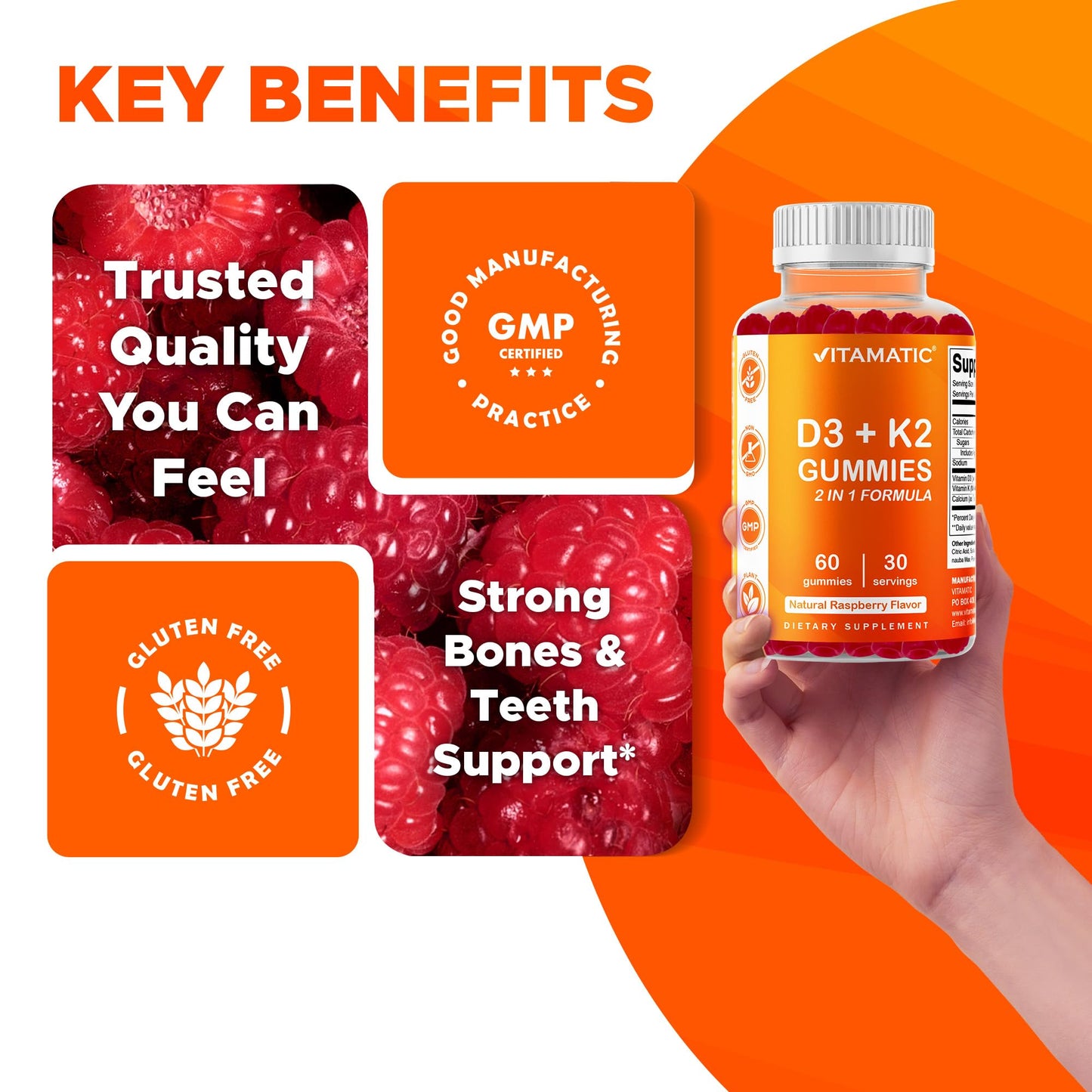 Vitamatic Vitamin D3 & K2 Gummies (2-Pack, 60 Count) Supports Healthy Bones, Heart Health, Calcium Absorption,