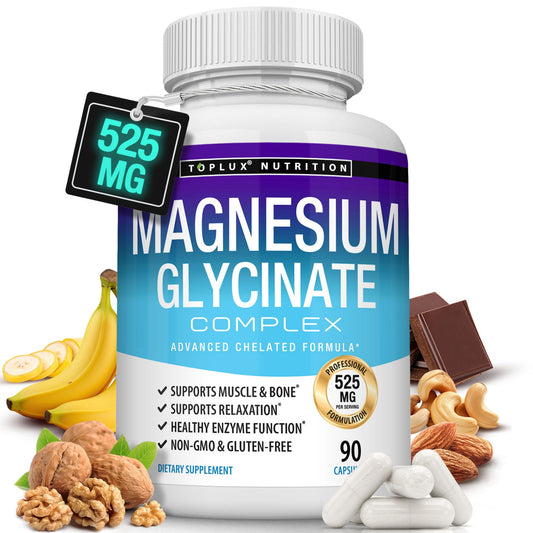 Bottle of Toplux Nutrition Magnesium Glycinate Complex with ingredients like bananas, nuts, and chocolate on a white background.