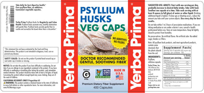 Yerba Prima Psyllium Husks Veg Caps, 400 Capsules (625mg) - Vegan, Non-GMO, Gluten Free, Colon Cleanser