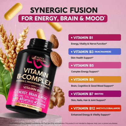 Vitamin B Complex for Men & Women - Riboflavin B2, B12, B1, B3, B5, B6, B7, B8, B9 | Vitamin C, Choline, Inositol - B-Complex Supplement