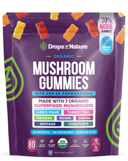 Drops Of Nature Lions Mane & Ashwagandha Gummies – Turkey Tail, Maitake, Reishi, Chaga, Shiitake, Cordyceps – Organic, Low Carb Superfood Gummies