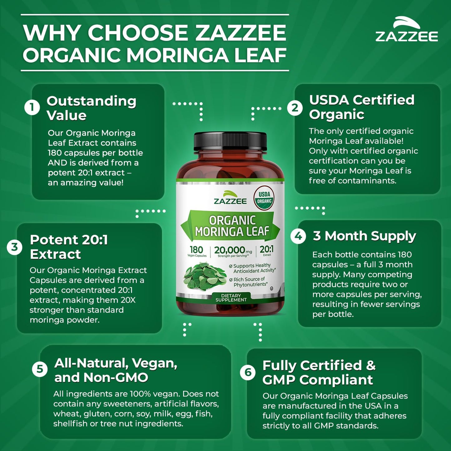 Zazzee USDA Organic Moringa Leaf 20:1 Extract, 180 Vegan Capsules, 3 Month Supply, Certified Kosher, Moringa Oleifera, Antioxidant, Immune & Cellular Support