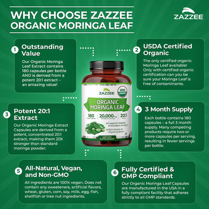 Zazzee USDA Organic Moringa Leaf 20:1 Extract, 180 Vegan Capsules, 3 Month Supply, Certified Kosher, Moringa Oleifera, Antioxidant, Immune & Cellular Support