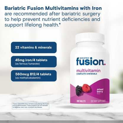 Bariatric Fusion Bariatric Multivitamin with Iron Complete Chewable | Mixed Berry | Post Bariatric Vitamins for Gastric Bypass