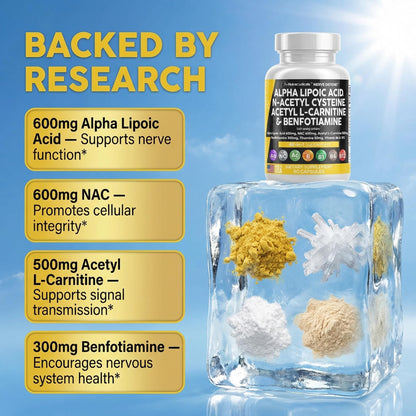 Alpha Lipoic Acid 600mg N-Acetyl Cysteine 600mg Acetyl L-Carnitine 500mg Benfotiamine 300mg - Nerve Support Supplement for Women and Men with Vitamin B1 B6 & B12 - Made in USA 90 Caps Clean NutraceuticalsBuy Supplements Australia