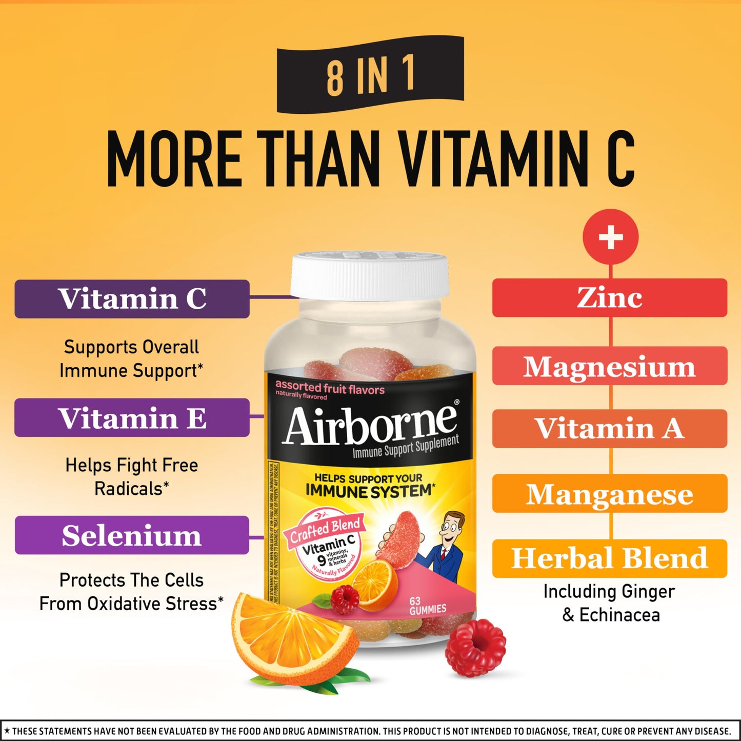 Airborne 750mg Vitamin C Gummies for Adults, Immune Support Gummies with Powerful Antioxidants VIT C & E, Caffeine Free