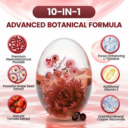 10 in 1 Astaxanthin Supplements 24mg, 4 Month Supply, Astaxantina Antioxidant from Fresh Haematococcus Pluvialis, Contains Lycopene, Grape Seed, Vitamin E