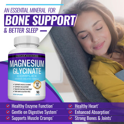 Magnesium Glycinate 525mg - High Absorption Chelated Magnesium Supplement Made with Pure Magnesium Glycinate - Supports Muscles, Sleep, Cramps, Recovery Bisglycinate Complex Vegan Non-GMO 90 Capsules Toplux buy supplements Au