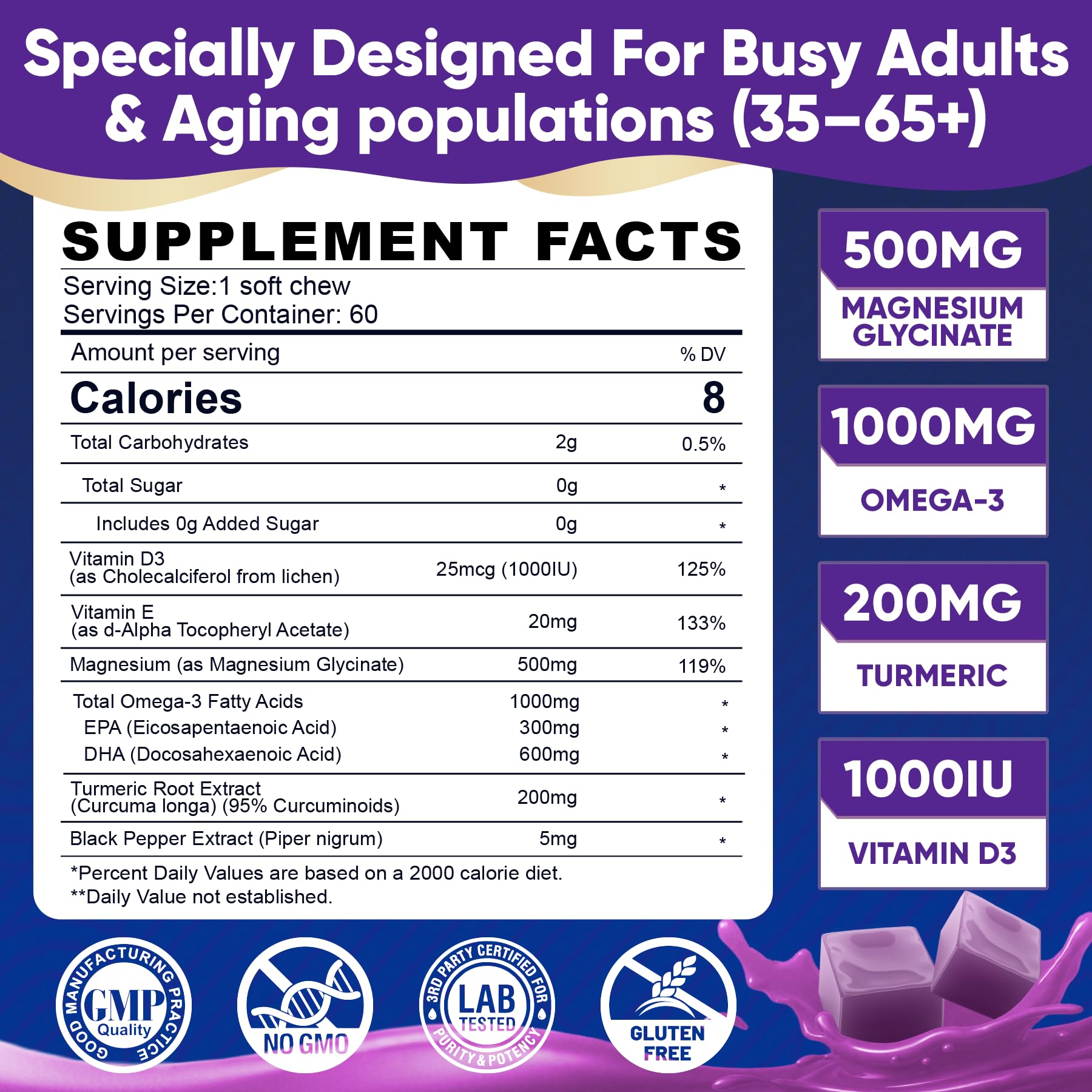 Magnesium Glycinate Gummies 500mg - Magnesium with Omega-3, Turmeric, Vitamin D3 & E | Magnesium Glycinate Soft Chews for Adults | for Sleep, Muscle & Brain | 60 Counts ELLAMENTZBuy Supplements Australia