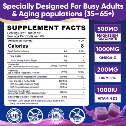 Magnesium Glycinate Gummies 500mg - Magnesium with Omega-3, Turmeric, Vitamin D3 & E | Magnesium Glycinate Soft Chews for Adults | for Sleep, Muscle & Brain | 60 Counts ELLAMENTZBuy Supplements Australia