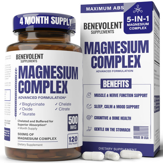 Benevolent Supplements Magnesium Complex supplement bottle and packaging on a white background