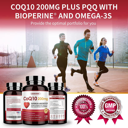ZEBORA CoQ10-200mg-Softgels with PQQ, BioPerine & Omega-3, 120 Servings Coenzyme Q10(Ubiquinone) Supplement for High-Absorption, Powerful-Antioxidant
