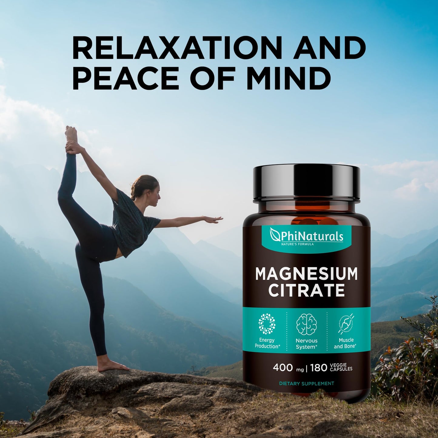 Magnesium Citrate Powder Capsules 400mg - 180 Count Veg Caps - PhiNaturals Supplements - Nervous System Support and Enzyme Function
