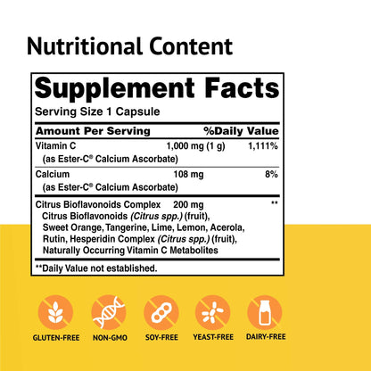 Ester-C American Health with Citrus Bioflavonoids Capsules - 24-Hour Immune Support, Gentle On Stomach, Non-Acidic Vitamin C