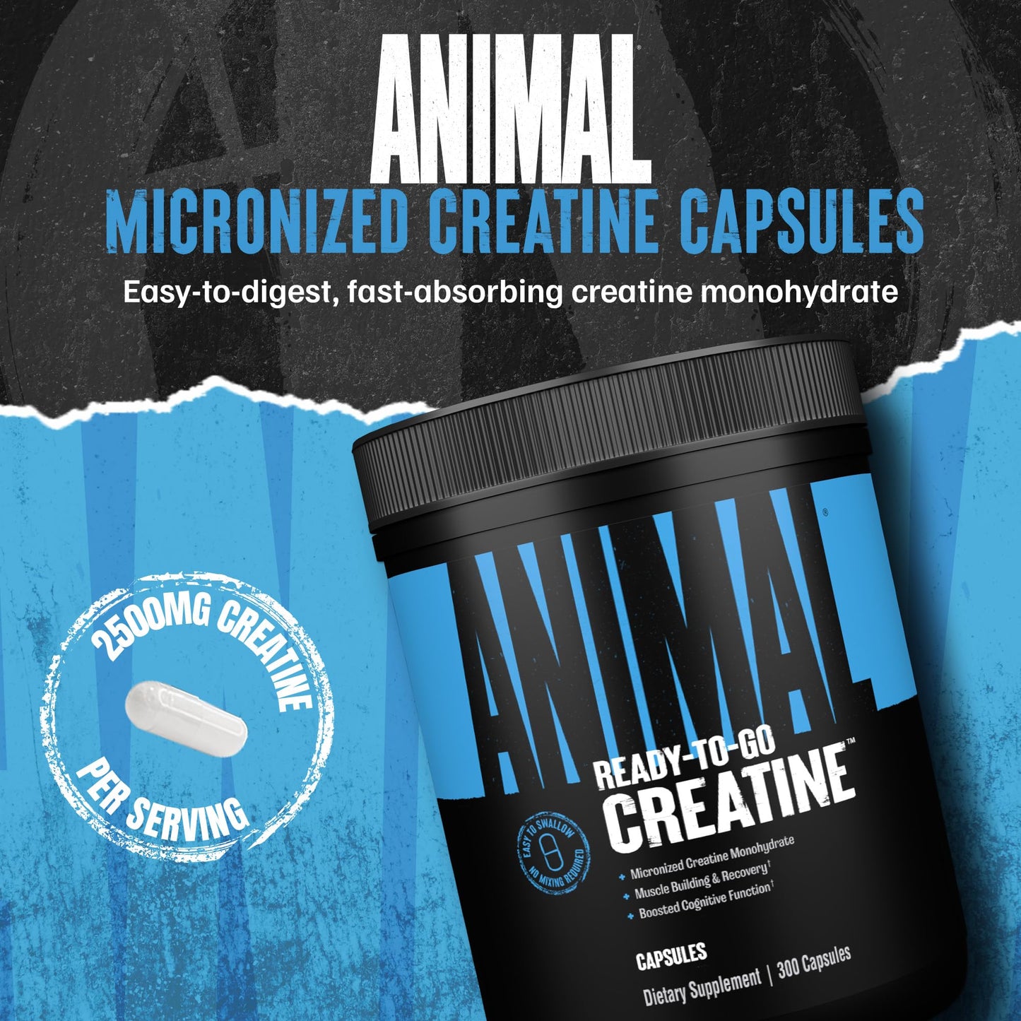 Animal Micronized Creatine Monohydrate Capsules - 300 Caps, 2500mg per Serving to Support Muscle Growth, Endurance, ATP Production, Cognitive Function, Strength