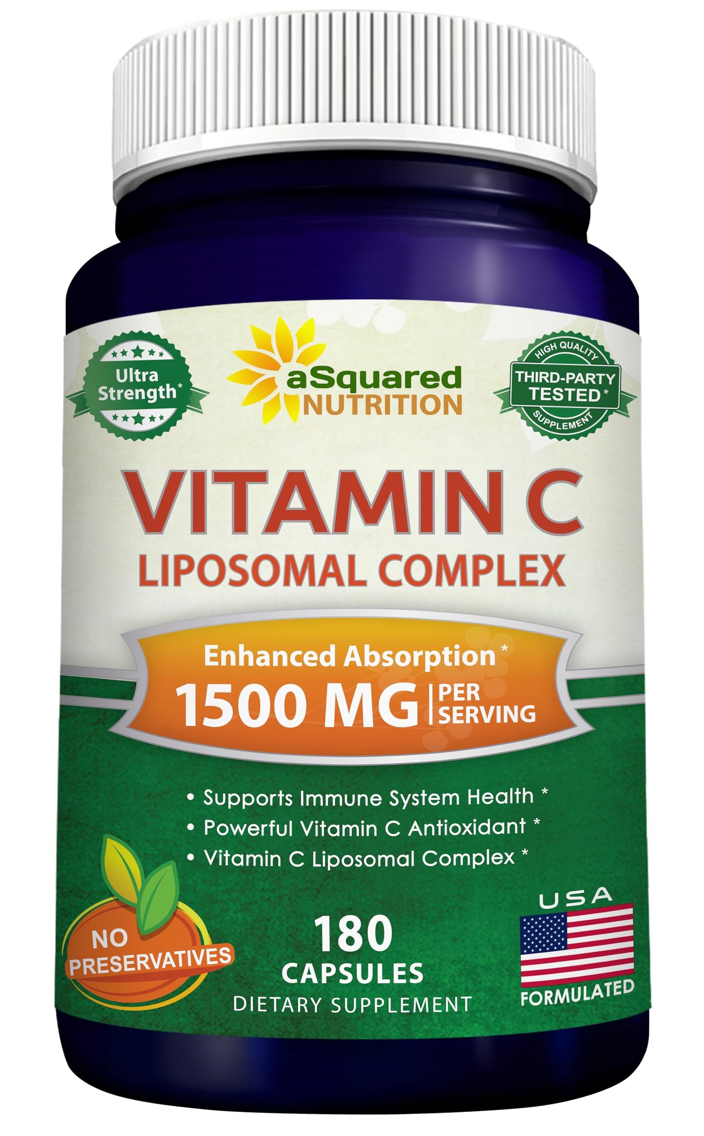 aSquared Nutrition Vitamin C Liposomal Complex - 1500mg Supplement - 180 Capsules - High Absorption VIT C Ascorbic Acid Pills - Supports Immune System