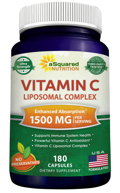 aSquared Nutrition Vitamin C Liposomal Complex - 1500mg Supplement - 180 Capsules - High Absorption VIT C Ascorbic Acid Pills - Supports Immune System