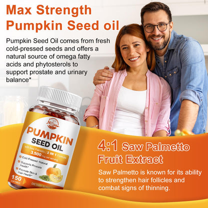 Pumpkin Seed Oil with Saw Palmetto, 3500mg Max Strength per Serving, 150 Softgels, Cold-Pressed with Essential Fatty Acids & Phytosterols, Supports Immune