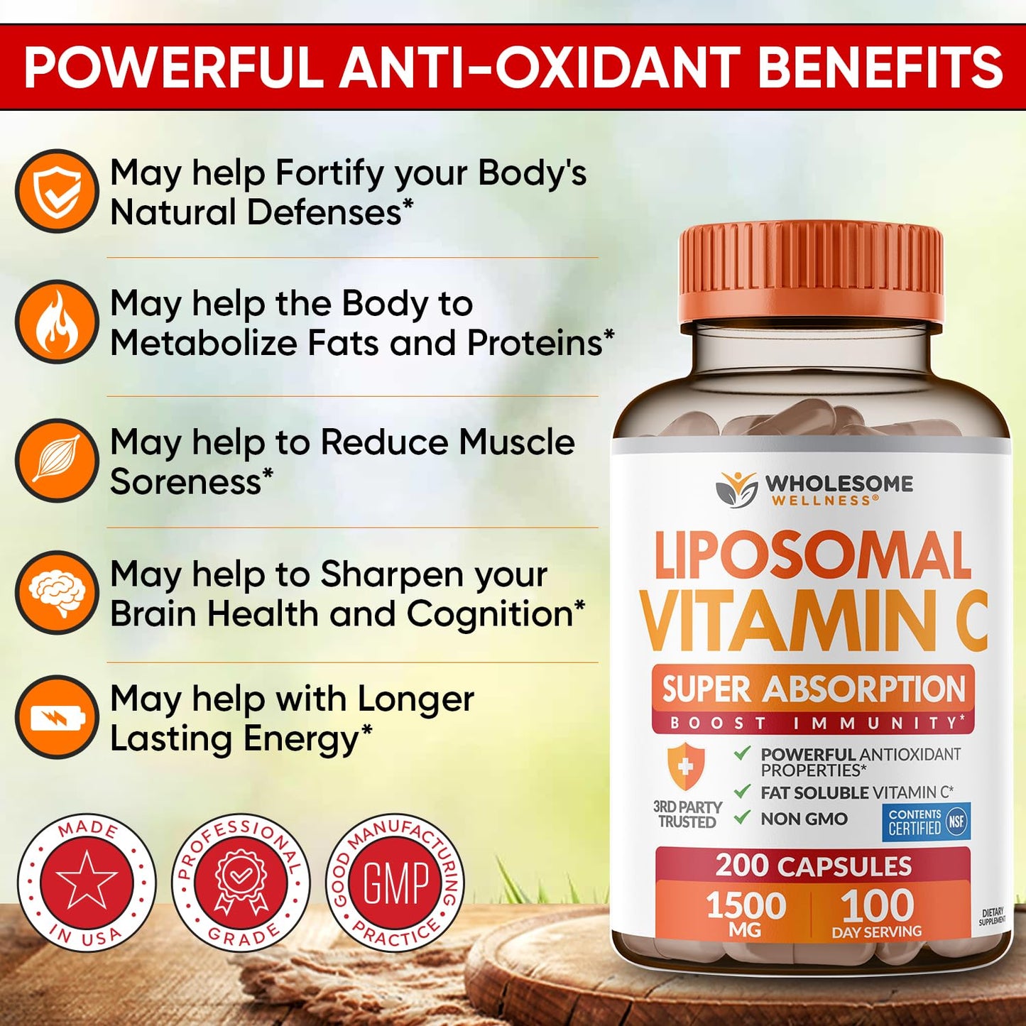 Wholesome Wellness Liposomal Vitamin C Capsules (200 Pills 1500mg Buffered) High Absorption, Immune System & Collagen Booster, High Dose Fat Soluble Immunity