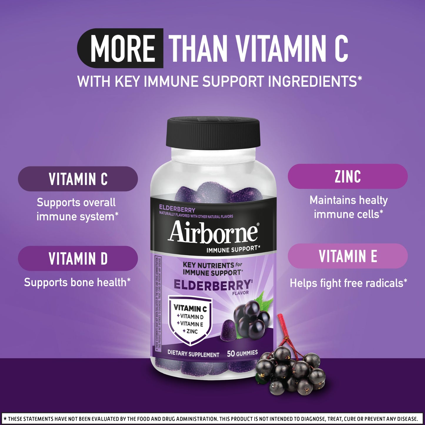 Airborne Elderberry + Zinc & Vitamin C Gummies For Adults, Immune Support Vitamin D & Zinc Gummies With Powerful Antioxidant Vitamins C D & E