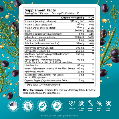 PUREHEALTH RESEARCH ReGrow - Hair Growth Vitamins - Hair Supplement for Scalp & Thickness Support - with Saw Palmetto, Biotin, Hydrolyzed Bovine Collagen