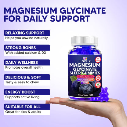 Lofux Magnesium Glycinate Gummies 400mg, Sugar Free Magnesium Gummies for Adults Women, Men, Chewable Supplement Gummy with L-Threonate, Vitamin D, B6, CoQ10