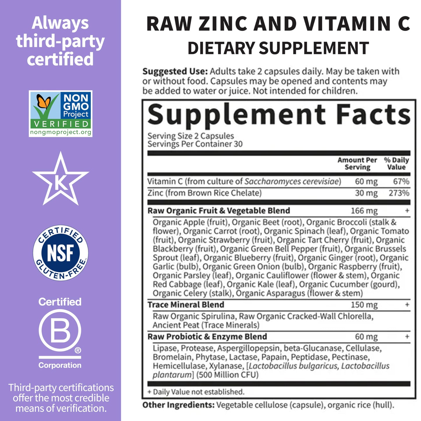 Garden of Life Zinc Supplements 30mg High Potency Raw Zinc and Vitamin C Multimineral Supplement, Vitamin Code Vitamins Trace Minerals & Probiotics