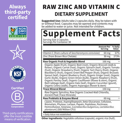 Garden of Life Zinc Supplements 30mg High Potency Raw Zinc and Vitamin C Multimineral Supplement, Vitamin Code Vitamins Trace Minerals & Probiotics